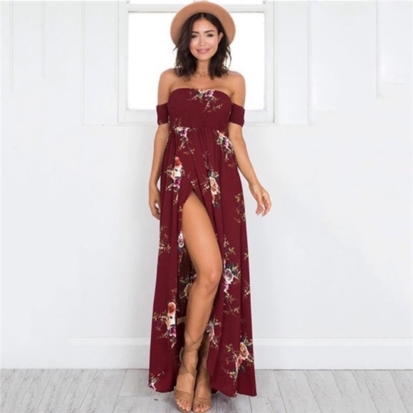 Off Shoulder Floral Split Chiffon Maxi dress - Picture 2 of 5